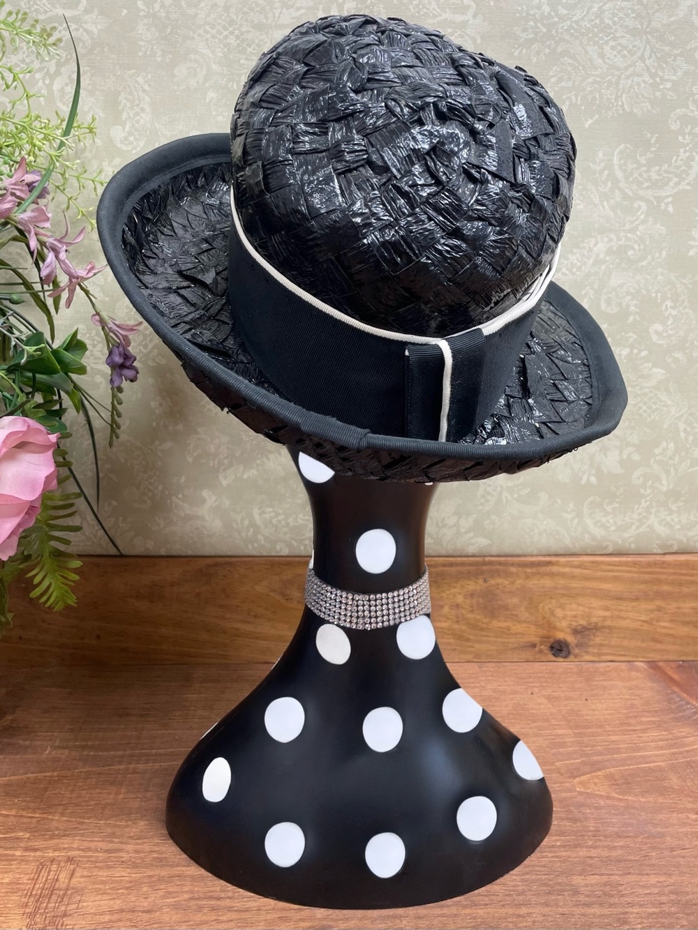 Vintage 1960s Black Cello Straw Basket Weave Rolled Brim Hat Mod Mid Century - Picture 7 of 9